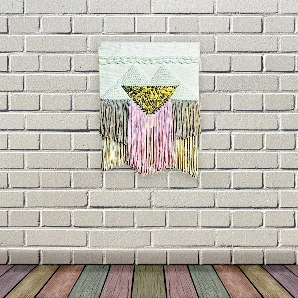 Pier 1 Macrame Woven Tapestry Wall Hanging with Gold Sequin Accents Boho Chunky